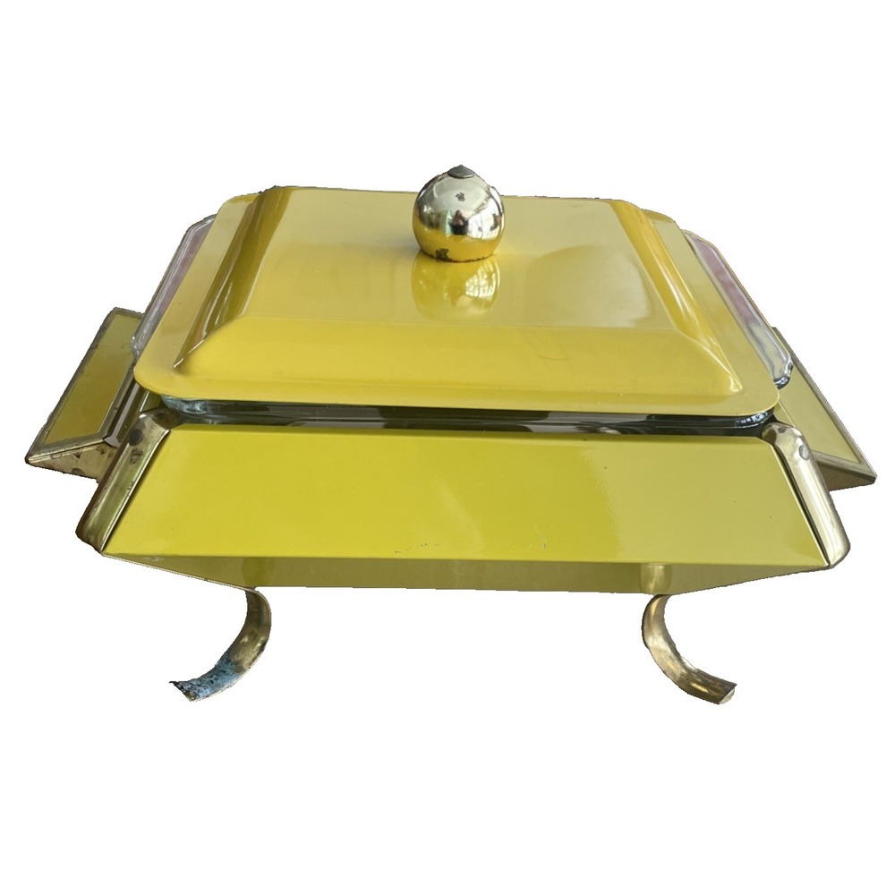 VTG Anchor Hocking Fire‎ King Atomic Gold Yellow Chafing Dish/Carrier w/candle